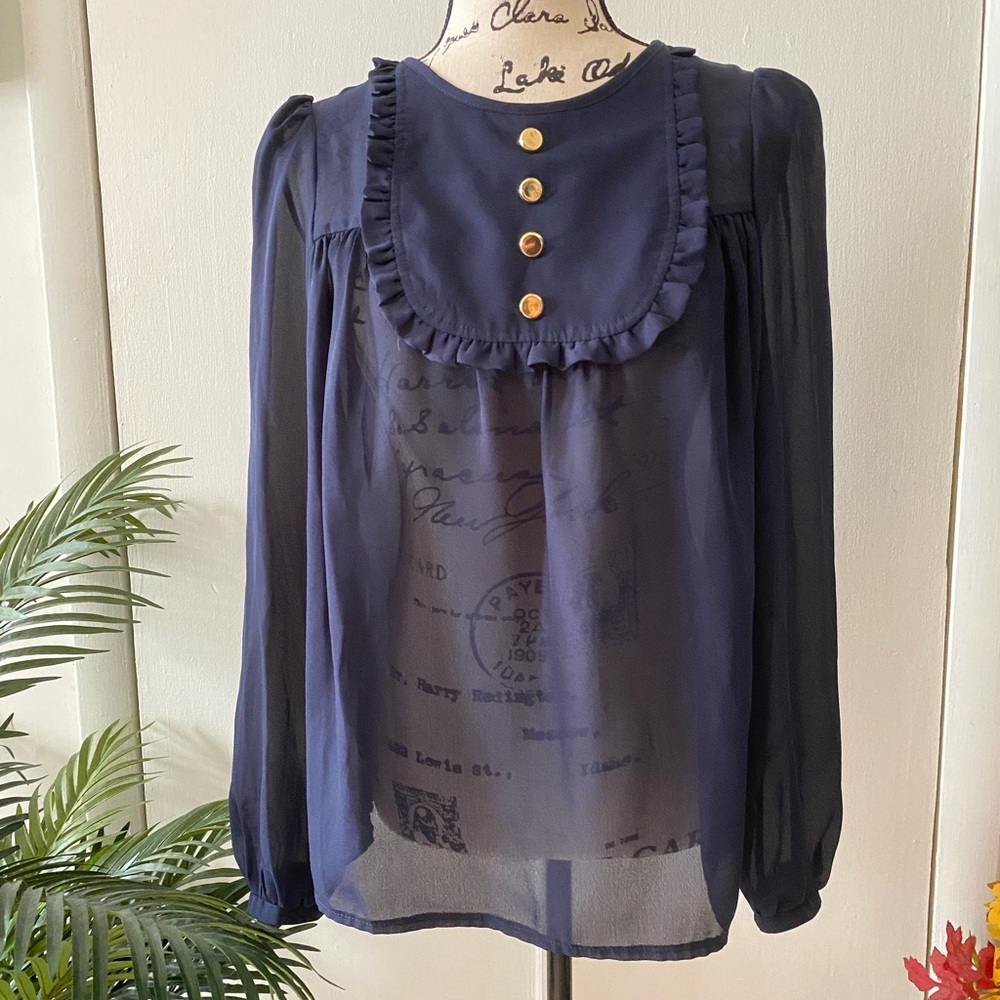 ASOS Navy Bib Poplin Sheer long sleeve Blouse